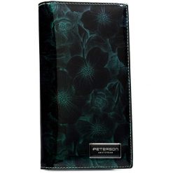 Portfel damski Peterson PTN PS1431-FDS zielony. Zielone portfele damskie Peterson, z aplikacjami, z lakierowanej skóry. Za 129.99 zł.