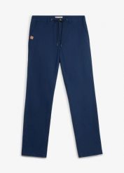 Spodnie chinosy, classic fit, ze stretchem i szeroką nogawką, straight. Niebieskie spodnie materiałowe męskie bonprix, bez wzorów. Za 129.99 zł.