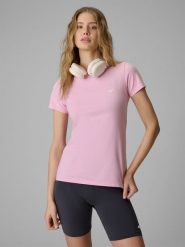 4F T-shirt slim gładki damski - różowy S. Czerwone t-shirty damskie 4f, s, bez wzorów, z materiału, bez kołnierzyka. Za 49.99 zł.