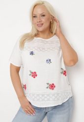 Biały T-shirt Bluzka z Krótkim Rękawem z Ozdobnym HaftemTesagia. Białe bluzki damskie Born2be, xl, bez wzorów, bez kołnierzyka, bez ramiączek. Za 44.99 zł.
