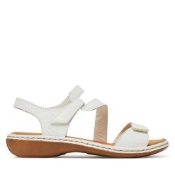 Sandały Rieker. Białe sandały damskie Rieker, bez wzorów, bez obcasa, na płaskiej podeszwie. Za 259.99 zł.