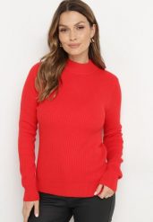 Czerwony Sweter z Wiskozą i Golfem z Elastycznego Prążkowanego Materiału Nikiella. Czerwone golfy damskie Born2be, bez wzorów, z materiału, bez ramiączek. Za 84.99 zł.