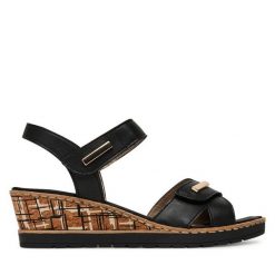 Sandały Remonte. Czarne sandały damskie Remonte, bez wzorów, bez obcasa, na koturnie. Za 359.99 zł.