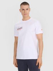 4F T-shirt regular z nadrukiem męski - biały XL. Białe t-shirty męskie 4f, m, bez wzorów, z bawełny, bez kołnierzyka. Za 49.99 zł.