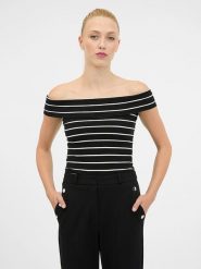 Orsay Koszulka w kolorze czarno-kremowym rozmiar: L. Brązowe bluzki damskie ORSAY, l, bez wzorów, bez kołnierzyka, bez ramiączek. Za 21.99 zł.