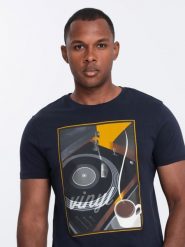 T-shirt męski bawełniany z nadrukiem winyl - granatowy V2 - Rozmiar: M. Niebieskie t-shirty męskie Ombre Clothing, m, bez wzorów, z bawełny, bez kołnierzyka. W wyprzedaży za 29.99 zł.