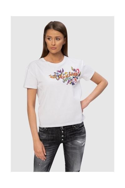 MOSCHINO Biały t-shirt damski z logo i kwiatami, Rozmiar XS. Białe t-shirty damskie MOSCHINO, s, bez wzorów, prążkowane, bez kołnierzyka. W wyprzedaży za 252.99 zł.