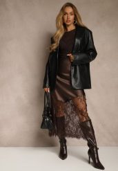 Brązowa Koktajlowa Spódnica z Satyny z Koronką Avelori. Brązowe spódniczki damskie Renee, l, bez wzorów, z koronki, maxi, asymetryczne. Za 99.99 zł.