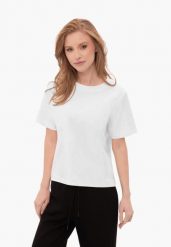 Gładka koszulka, Comfort Fit, T-LENI. Białe t-shirty damskie Volcano, m, bez wzorów, z bawełny, bez kołnierzyka. Za 69.99 zł.