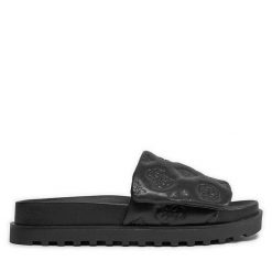Klapki Guess. Czarne klapki damskie Guess, z aplikacjami, bez obcasa. Za 399.99 zł.
