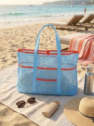 Siatkowa torba plażowa z uchwytami - niebieski. Niebieskie torebki klasyczne damskie Sinsay, bez wzorów, bez dodatków. Za 17.99 zł.