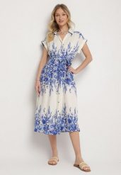 Niebiesko-Biała Koszulowa Sukienka Wiskozowa z Kwiatowym Motywem Redere. Niebieskie sukienki damskie Born2be, na spotkanie biznesowe, na lato, l, bez wzorów, z wiskozy, eleganckie, bez kołnierzyka, bez ramiączek, midi, koszulowe. W wyprzedaży za 103.99 zł.