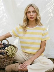 Bawełniana koszulka w paski - yellow jeans. Żółte t-shirty damskie Sinsay, l, bez wzorów, z bawełny, bez kołnierzyka. Za 12.99 zł.