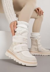 Beżowe Botki Śniegowce na Grubej Podeszwie Ozdobione Szerokimi Rzepami Amerria. Brązowe śniegowce damskie Born2be, z jeansu. Za 149.99 zł.