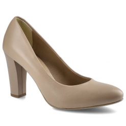Beżowe Czółenka Espirito Damskie Eleganckie Obuwie. Brązowe czółenka damskie Espirito, bez wzorów, ze skóry, bez obcasa, na słupku. Za 249.00 zł.