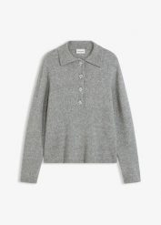 Sweter z kołnierzykiem polo z domieszką wełny. Szare swetry klasyczne damskie bonprix, z wełny, bez kołnierzyka. Za 149.99 zł.