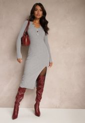 Szara Prążkowana Sukienka o Dopasowanym Kroju Ozdobiona Metalicznymi Napami Felirra. Szare sukienki damskie Renee, na imprezę, m, bez wzorów, prążkowane, eleganckie, bez kołnierzyka, bez ramiączek, midi, dopasowane. Za 69.99 zł.