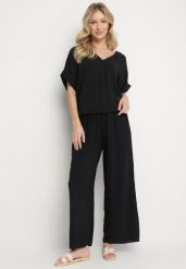 Czarny Komplet z Bawełny T-shirt Oversize i Szerokie Spodnie Lavtebia. Czarne spodnie materiałowe damskie Born2be, bez wzorów, z bawełny, eleganckie. Za 74.99 zł.