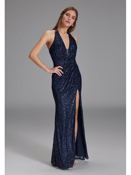 SWING Sukienka w kolorze granatowym rozmiar: 36. Niebieskie sukienki damskie Swing, bez wzorów, bez kołnierzyka, bez ramiączek, maxi. Za 266.01 zł.