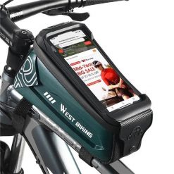 Torba na górną rurę roweru 2,5L z uchwytem na telefon - Zielono-czarna. Zielone torebki klasyczne damskie WEST BIKING, bez wzorów, z materiału, bez dodatków. Za 141.92 zł.