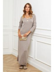 Joséfine Sukienka dzianinowa "Abalone" w kolorze szarobrązowym rozmiar: S. Brązowe sukienki damskie Joséfine, na co dzień, s, bez wzorów, z dzianiny, bez kołnierzyka, bez ramiączek, maxi, proste. Za 158.47 zł.