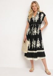 Czarna Rozkloszowana Sukienka w Stylu Boho Zapinana na Guziki z Materiałowym Paskiem Inferi. Czarne sukienki damskie Born2be, l, bez wzorów, z materiału, boho, bez kołnierzyka, bez ramiączek, midi, rozkloszowane. W wyprzedaży za 87.99 zł.