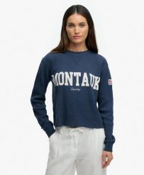Superdry Długi top Athletic Essential z waflowego bawełnianego materiału. Niebieskie topy sportowe damskie Superdry., bez wzorów, z bawełny, bez ramiączek. Za 164.50 zł.