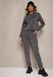 Ciemnoszary Ocieplany Komplet Dresowy Bawełniany Spodnie Joggery i Bluza Zdobiona Nadrukiem Filoira. Szare bluzy z kapturem damskie Renee, m, z bawełny. Za 84.99 zł.