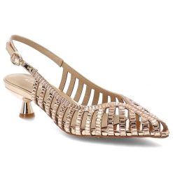 Sandały damskie Alma En Pena, cholewka ze skóry ekologicznej o plecionym, ażurowym wykończeniu zapięcie na pasek wokół pięty spiczasty nosek, różowe,. Czerwone sandały damskie Alma En Pena, w ażurowe wzory, ze skóry ekologicznej, bez obcasa, na słupku. Za 539.90 zł.