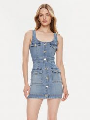 Elisabetta Franchi Sukienka jeansowa AJ-36S-41E2-002606 Niebieski Slim Fit. Niebieskie sukienki damskie Elisabetta Franchi, s, bez wzorów, z bawełny, bez kołnierzyka, bez ramiączek. Za 1,339.00 zł.