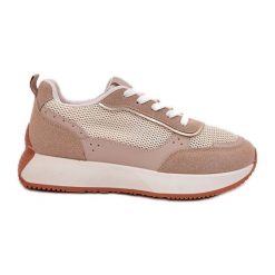 Buty Sportowe Damskie Z Siateczką Na Platformie Khaki beżowy. Brązowe buty sportowe na co dzień damskie bez wzorów. Za 170.48 zł.