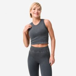 Koszulka do jogi i pilatesu damska Domyos 2w1 bez rękawów. Szare bluzki sportowe damskie Decathlon, s, z elastanu, bez kołnierzyka, bez ramiączek. Za 89.99 zł.