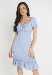 Niebieska Sukienka Andrelle. Niebieskie sukienki damskie Born2be, s, bez wzorów, z tkaniny, bez kołnierzyka, bez ramiączek, mini, gorsetowe. W wyprzedaży za 103.99 zł.
