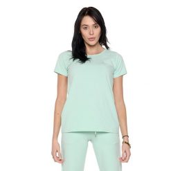 Koszulka z bawełna na co dzień na siłownię. Niebieskie bluzki sportowe damskie LEONE 1947 APPAREL, z bawełny, bez kołnierzyka, bez ramiączek. Za 75.78 zł.