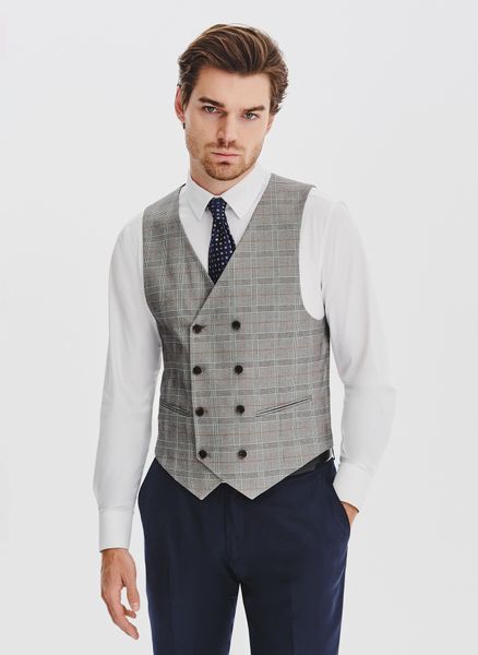 PAKO LORENTE - Szara dwurzędowa kamizelka męska w kratę. Szare kamizelki męskie Pako Lorente, m, z elastanu. Za 349.99 zł.