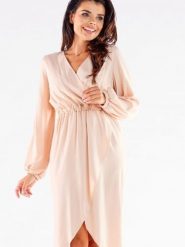 Sukienka Model A523 Beige - awama. Brązowe sukienki damskie Awama, na komunię, l, bez wzorów, z elastanu, bez kołnierzyka, bez ramiączek. Za 345.43 zł.