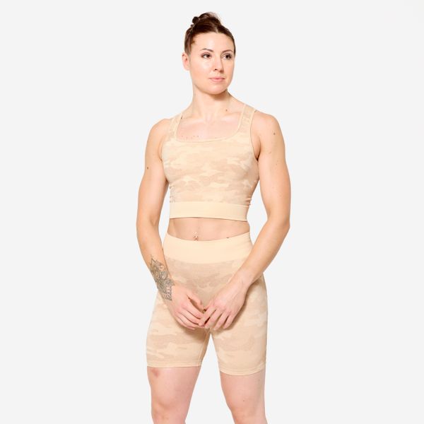 Koszulka fitness damska Domyos crop top. Brązowe bluzki damskie DOMYOS, l, bez wzorów, z elastanu, bez kołnierzyka. W wyprzedaży za 69.99 zł.