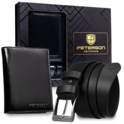 Zestaw prezentowy: skórzany, pionowy portfel męski w czarnym kolorze z systemem RFID i pasek ze skóry ekologicznej - Peterson. Czarne portfele męskie Peterson, bez wzorów, ze skóry ekologicznej. Za 109.00 zł.