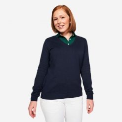 Sweter do golfa damski MW 100 dekolt w serek. Niebieskie golfy damskie INESIS, l, bez wzorów, z bawełny, bez ramiączek. Za 69.99 zł.