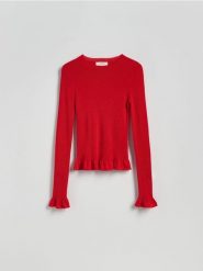 Sweter z dodatkiem wełny - czerwony. Czerwone swetry klasyczne damskie Reserved, l, z dzianiny, bez kołnierzyka. W wyprzedaży za 79.99 zł.