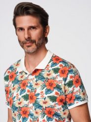 Koszulka polo bawełniana z nadrukiem w kwiaty – biała V1 - Rozmiar: L. Białe koszulki polo męskie Ombre Clothing, na lato, l, bez wzorów, z bawełny, bez ramiączek. W wyprzedaży za 59.99 zł.