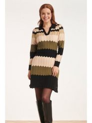 Smashed Lemon Sukienka dzianinowa w kolorze czarno-beżowo-jasnobrązowym rozmiar: XS. Brązowe sukienki damskie Smashed Lemon, na co dzień, xs, bez wzorów, z dzianiny, bez kołnierzyka, bez ramiączek, midi, proste. Za 126.99 zł.