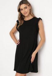 Czarna Letnia Sukienka Bawełniana z Falbankami Wokół Ramion Sasare. Czarne sukienki damskie Born2be, na lato, l, bez wzorów, z bawełny, bez kołnierzyka, bez ramiączek, mini, trapezowe. Za 49.99 zł.
