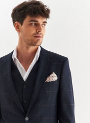 PAKO LORENTE – Granatowa kamizelka garniturowa w kratę Windowpane. Kamizelki męskie Pako Lorente, z elastanu. Za 149.99 zł.