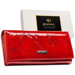 Duży portfel damski czerwony lakierowany ze skóry naturalnej i ekologicznej RFID Rovicky RPN-24A-YM. Czerwone portfele damskie ROVICKY, z aplikacjami, z lakierowanej skóry. Za 84.99 zł.
