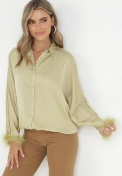 Jasnozielona Długa Koszula Nietoperz Zapinana na Guziki Ozdobiona Piórami Luigitte. Zielone koszule damskie Born2be, bez wzorów, klasyczne, bez kołnierzyka, bez ramiączek. Za 69.99 zł.