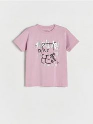 Bawełniany t-shirt z nadrukiem - brudny róż. Czerwone koszulki dziewczęce Reserved, bez wzorów, z bawełny, bez ramiączek. Za 39.99 zł.