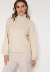 Jasnobeżowy Golf z Bufiastymi Rękawami Wedelia. Brązowe golfy damskie Born2be, l, bez wzorów, z jeansu, bez ramiączek. Za 79.99 zł.