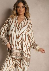 Beżowa Koszula z Wiskozy z Lnem w Geometryczny Wzór Sepilora. Brązowe koszule damskie Renee, bez wzorów, z materiału, eleganckie, bez kołnierzyka, bez ramiączek. Za 89.99 zł.