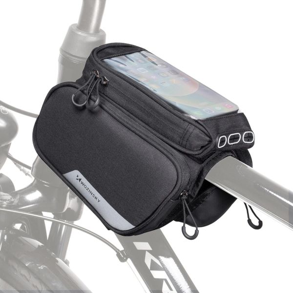 Torba rowerowa na ramę Wozinsky wodoodporna z pokrowcem na telefon 1,5 L. Czarne torebki klasyczne damskie Wozinsky, bez wzorów, z materiału, bez dodatków. Za 54.90 zł.